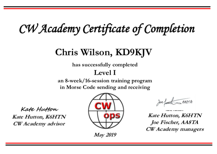 The graduation certificate from CW Academy (Level 1)